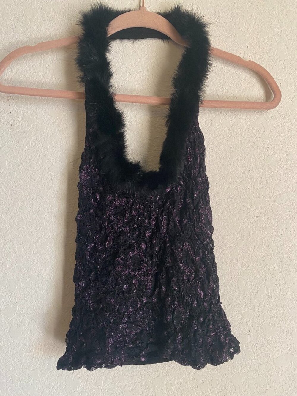 Vintage Y2K Black Lace Halter Top - Faux Fur Trim Plunging Neckline - Picture 2 of 11